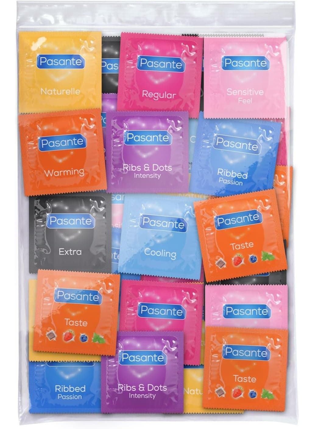 AFFORDABLE Pasante Condoms Pack Lot – Mix Pack of 50 – The Mix Pack Contains Flavoured E.G, Shaped, Ultra Thin, Extra Strong & Retardant Preservatives