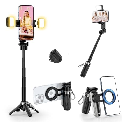 CloudValley Magnetic Mini Selfie Stick Tripod with 2 Fill Lights 3in1 Pocket Size Phone Tripod with 360 Rotation Foldable Grip Detachable Bluetooth Remote