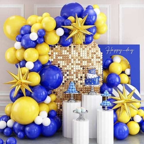 Blue and Yellow Balloon Arch Kit Royal Blue White Yellow Balloon Garland Kit Latex Baloons with 4D Foil Star Balloons for Baby Shower Anniversary Birthday Wedding Graduation Office Party DIY