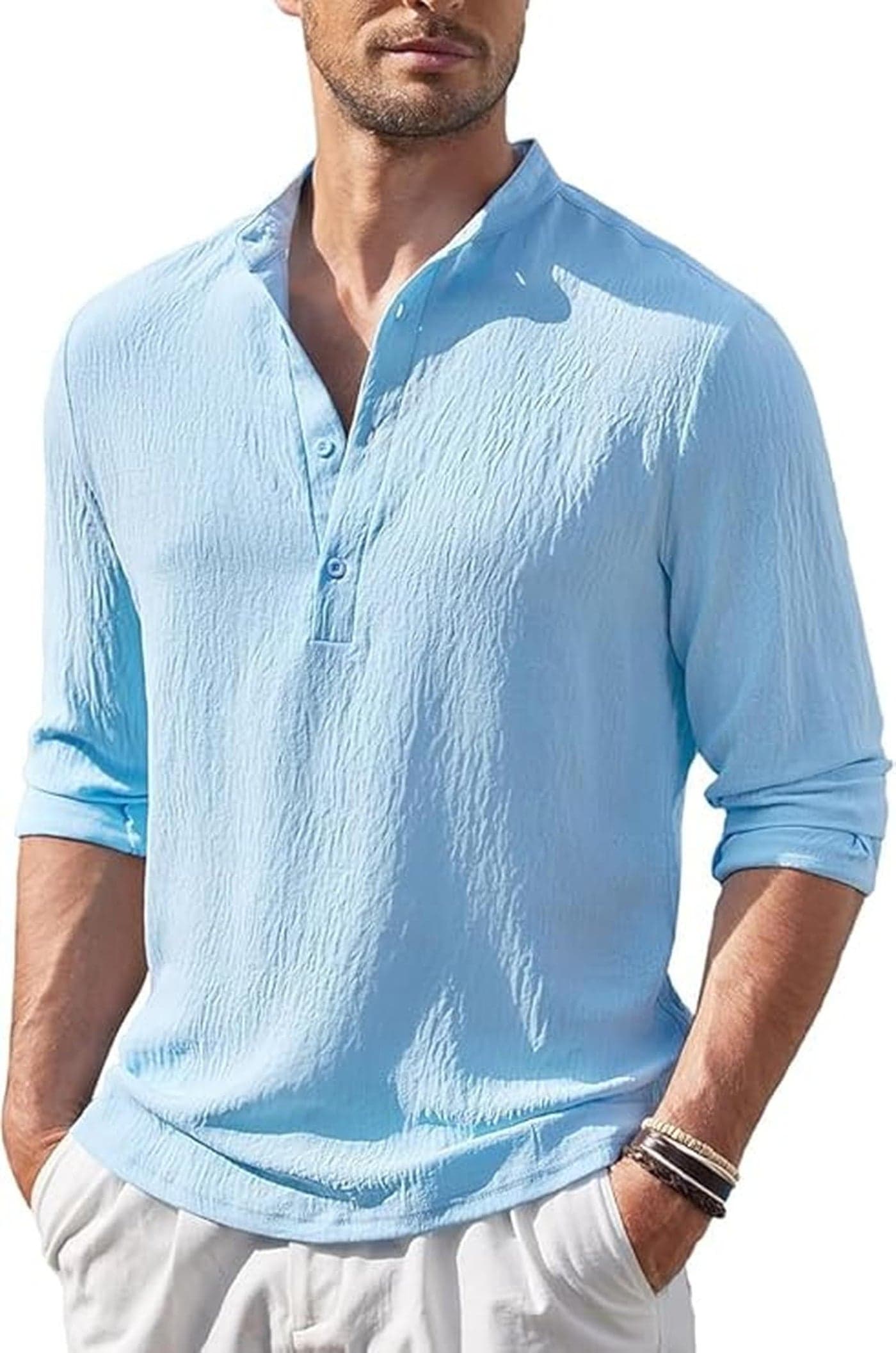 Bellstone Men’s Cotton Blend Solid Regular Fit Full Sleeve Short Kurtas | Men's Trendy Short Kurta | Ethnic Stylish Casual Lightweight Summer Kurta for Daily and Occasion Use Sky Blue