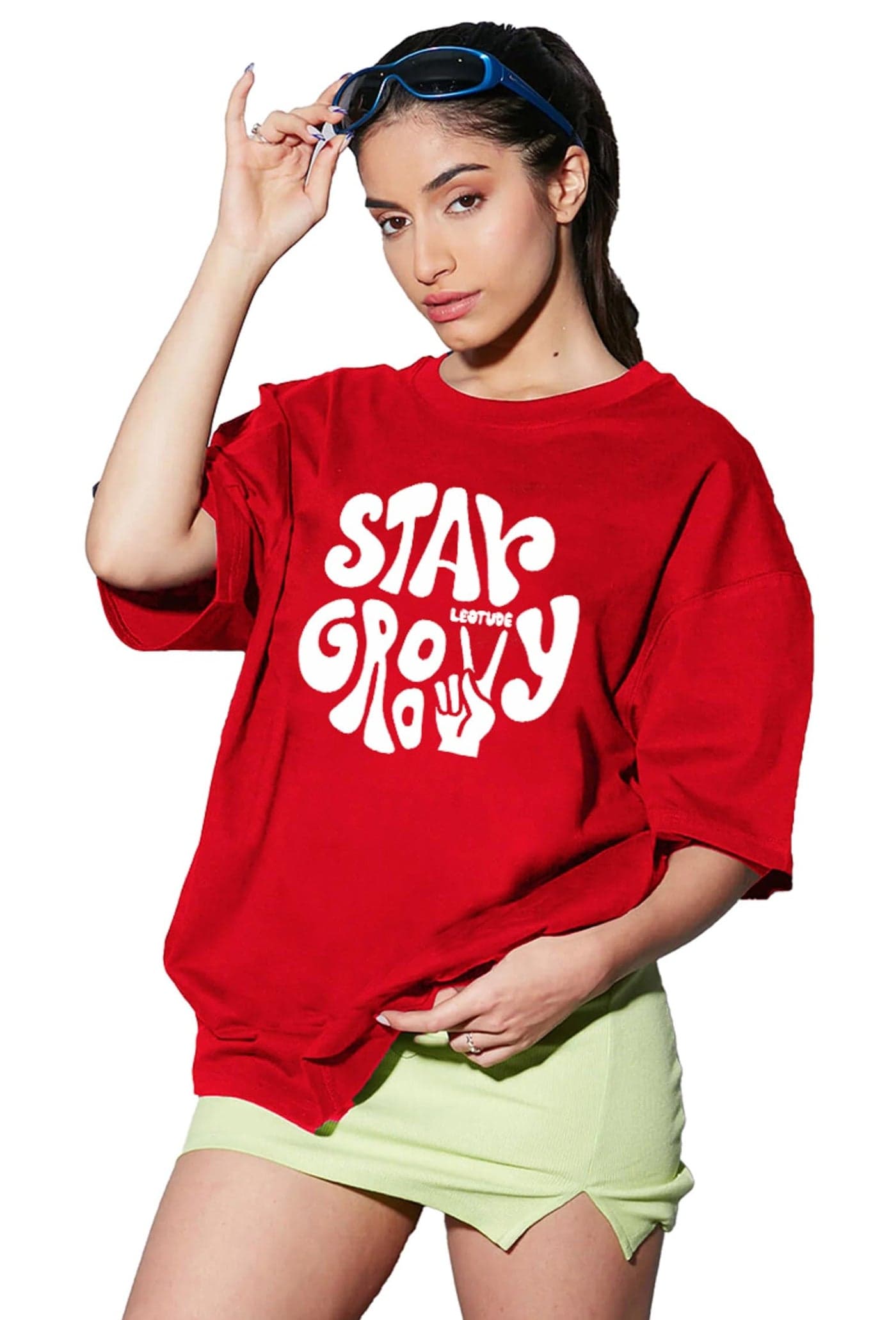 LEOTUDE Oversized Round Neck Women's T-Shirts (GRL_FS49_Gry_CRSH_P_Red Black_3XL)