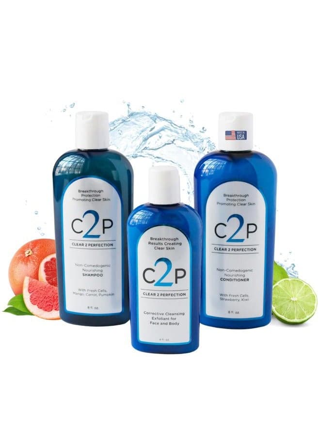CLEAR 2 PERFECTION Acne Treatment Kit - Non-Comedogenic Haircare & Skincare Trio - Scrub, Shampoo & Conditioner - Ideal for Acne-Prone Skin & Bacne