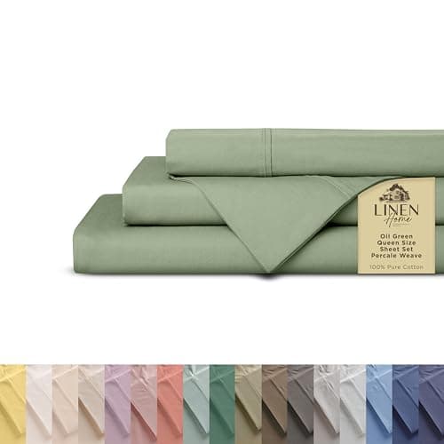 Linen Home 100% Cotton Percale Sheets Queen Size, Oil Green, Deep Pocket, 4 Pieces Set - 1 Flat, 1 Deep Pocket Fitted Sheet and 2 Pillowcases, Crisp Cool and Strong Bed Linen