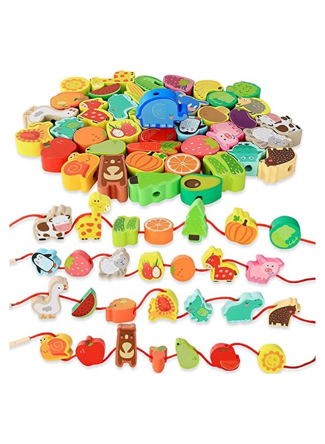 Wooden Lacing Bead Toy, 46 Pcs Montessori Toddler Wooden Beads Toys, Wooden Threading Bead, Exercise Hand-Eye Coordination, Threading Toys for Kids 3~6 Year Old Boys Girls