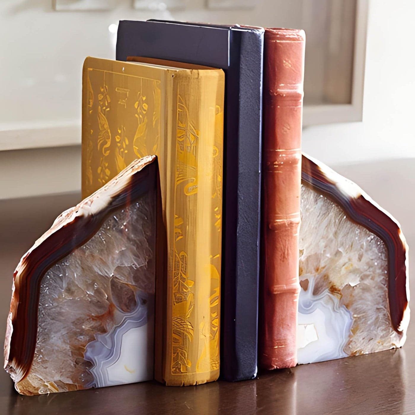 AMOYSTONE Agate Bookends for Shelf Decorative Geode Book Ends for Heavy Books Crystal Bookends for Shelves Nature Brown Small1 Pair 23 LBS