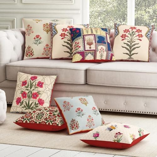 SEJ by Nisha Gupta Cushion Covers 16 Inch X 16 Inch Set Of 8 Pcs | Printed Polyester Cushions For Sofa | Decorative Cushion Pillow | Square Pillow Covers For Sofa Living Room, 200 TC, Assorted