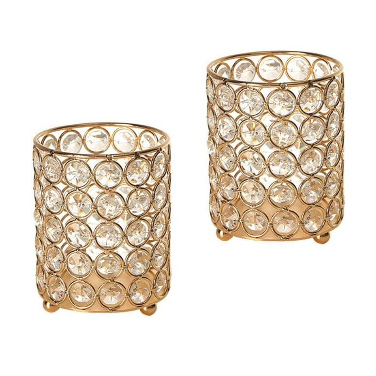 Artemade Pen Stand Gold Urli Crystal Bowl Golden Candle Holders Stand Handcrafted Iron Decorative Deepak Candlestick for Home Office Table Diwali Decor Pooja Lantern Lamp (Pack of 2, 19X11 Cm)
