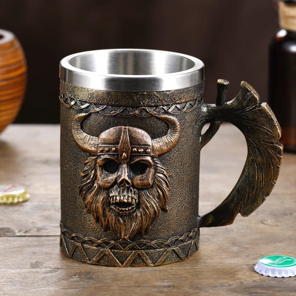 Arola Viking Axe Horn Skull Beer Cup Stainless Steel Warrior Skull Tankard 17oz CoffeeBeerJuice Mug Gift for Men