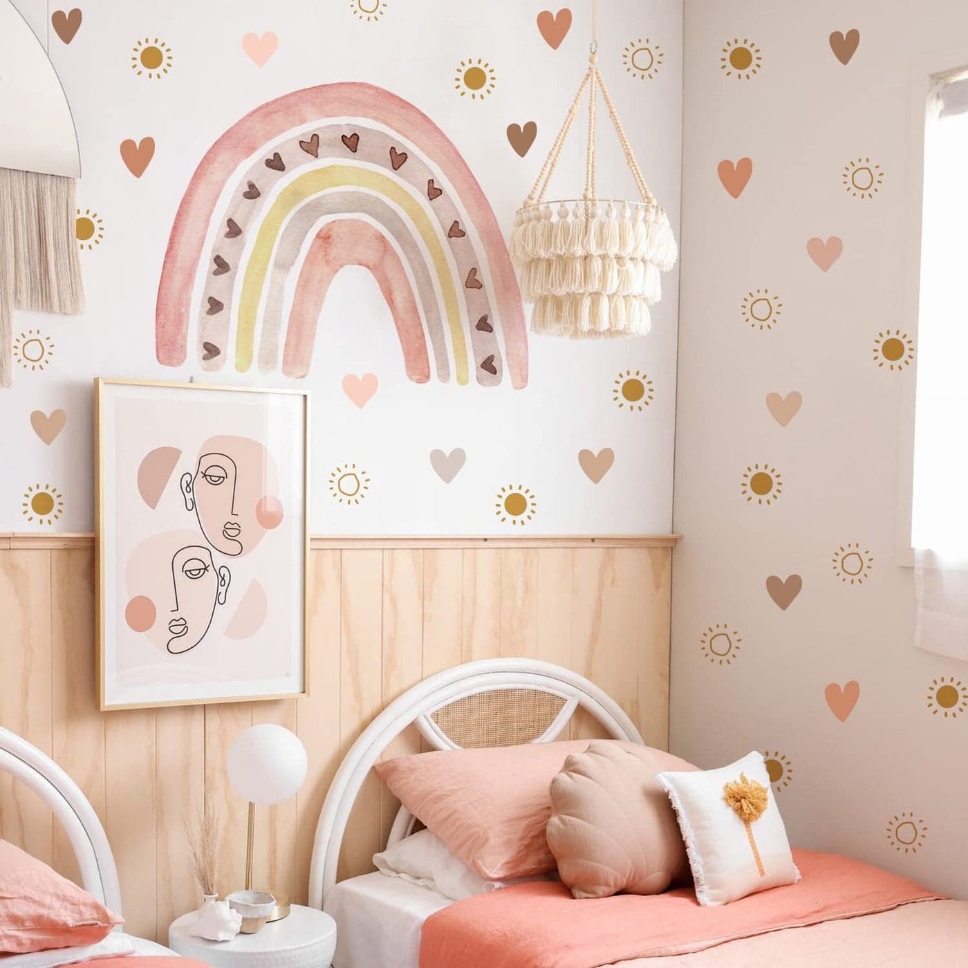 funlife Large Watercolor Rainbow Wall Decals Peel and Stick Boho Yellow Sun Decal Boho Heart Wall Sticker for Girls Bedroom Decor Kids Nursery Room Sunrise Playroom Wall Art Decor Decal