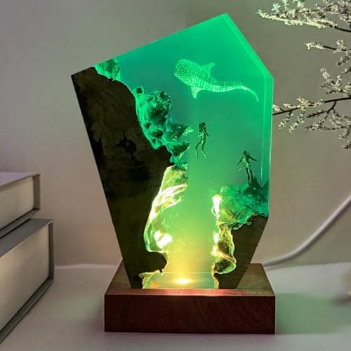 MASDEC Whale Shark Resin Ocean Lamp, Handmade RGB Ocean Lamp with Wooden Base for Home Decor, Scuba Diving Gifts for Ocean Lovers,Unique Birthday Valentine's Day Gifts for Women & Men (S,6"x4")