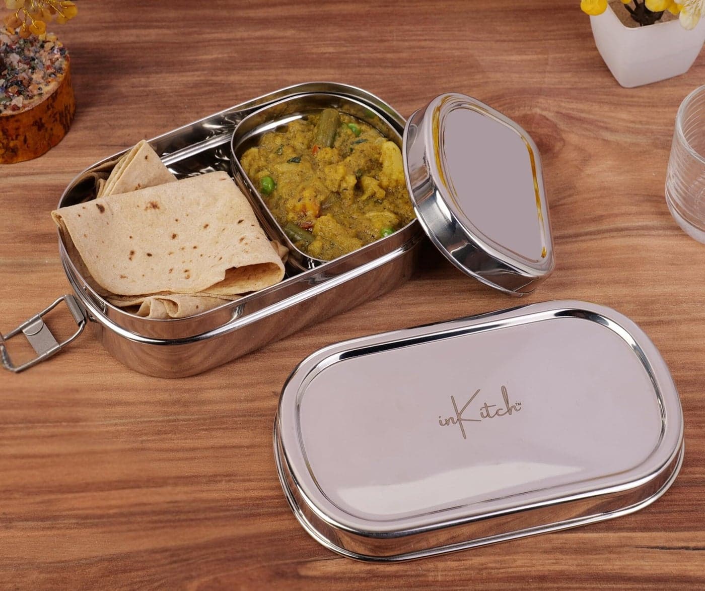 inKitch 100% Pure Stainless Steel Lunch Box - Leak Proof Tiffin with Partition | Rectangular Steel Lid Food Container for Office Use, School Kids & Women | Durable Lightweight Daily Metal Lunch Box
