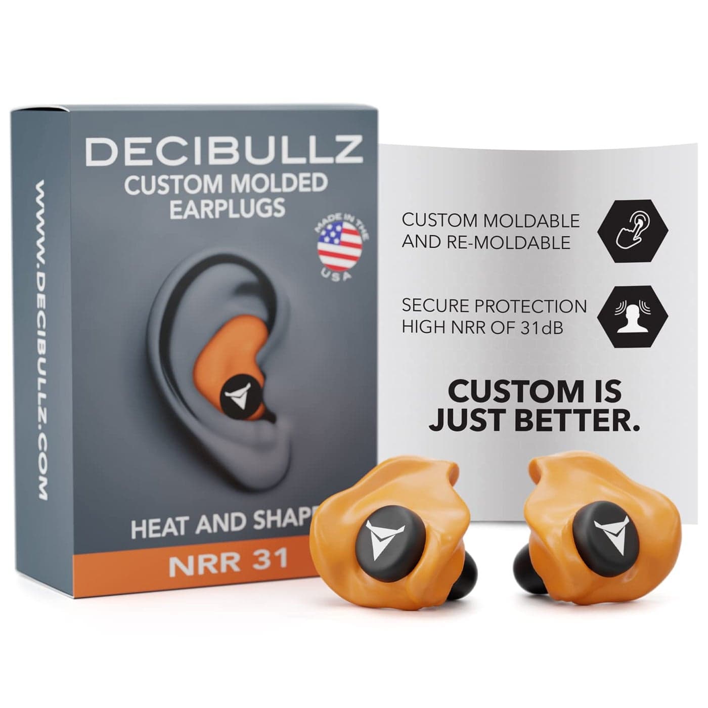 Decibullz Custom Molded Earplugs 31dB Highest NRR Comfortable Hearing Protection for Shooting Travel Swimming Work and Concerts Orange