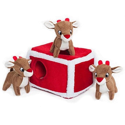 ZippyPaws Holiday Burrow Interactive Dog Puppy Toy for Boredom Stimulating Pet Product to Keep them Busy Hide Seek Plush Dog Puzzle Enrichment Squeaky Toy for Small Medium Dogs Reindeer Pen
