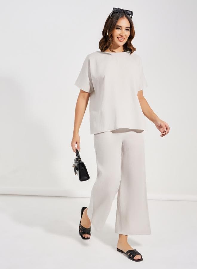 Textured Round Neck Top And Wide Leg Pants Co-Ords