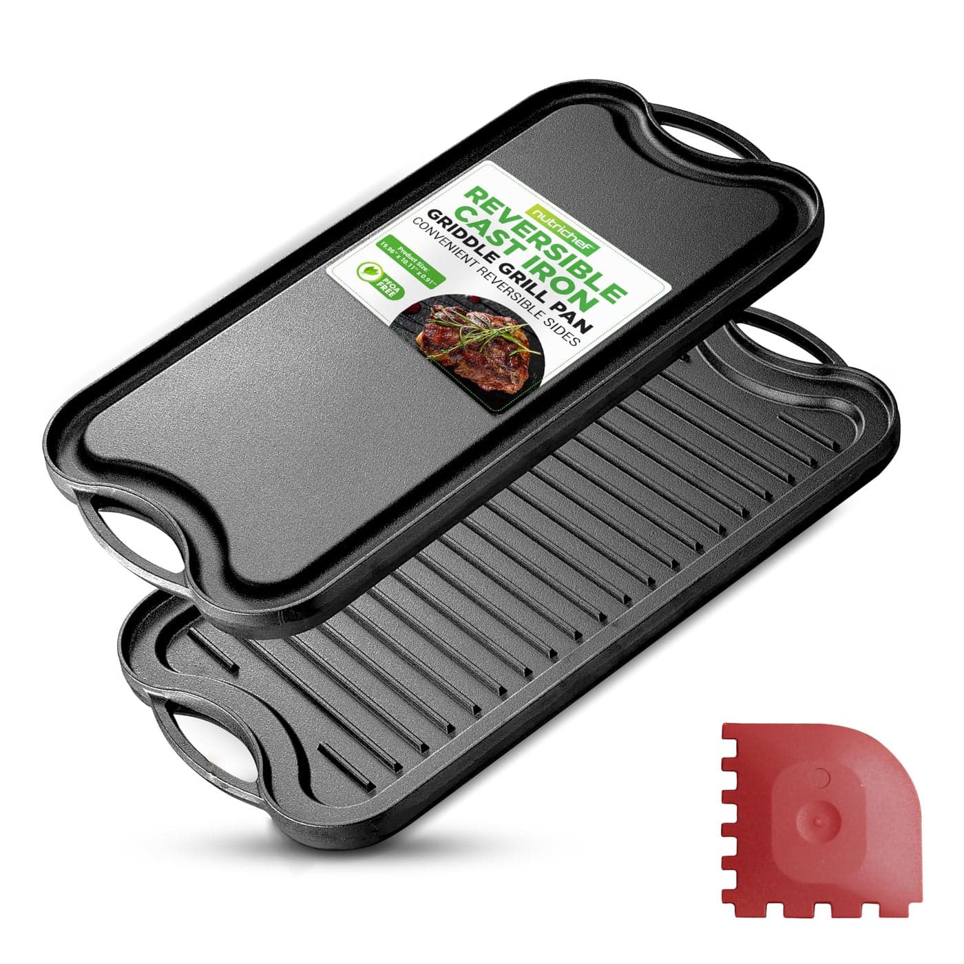 NutriChef Reversible Cast Iron Griddle Flat Grill Sides ExtraWide Oven Safe PFOA PFOS Free Compatible with Multiple Stovetops