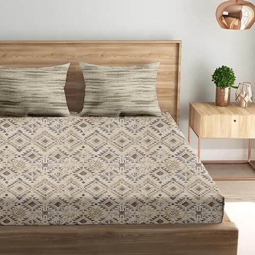 Trance Home Linen 100% Cotton 180 TC Bedsheet | Single Size Printed Flat Bedsheet with 1 Pillow Cover (Single 60x100 inch, Silken Mosaic Taupe)