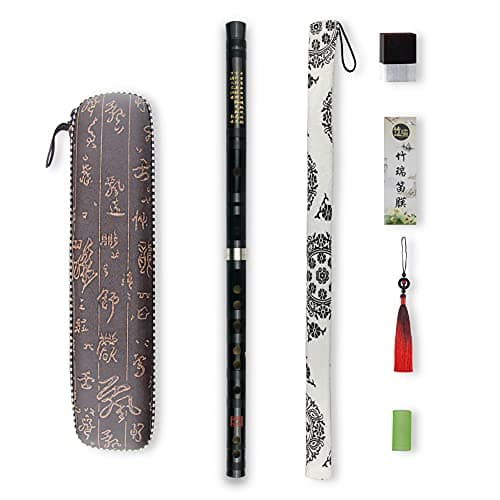G Key Dizi Black Bitter Bamboo Flute Chen Qing Flute with Free Membrane & Glue & Protector Set Traditional Chinese Instrument (Key of G/Bitter Bamboo Black +Red)