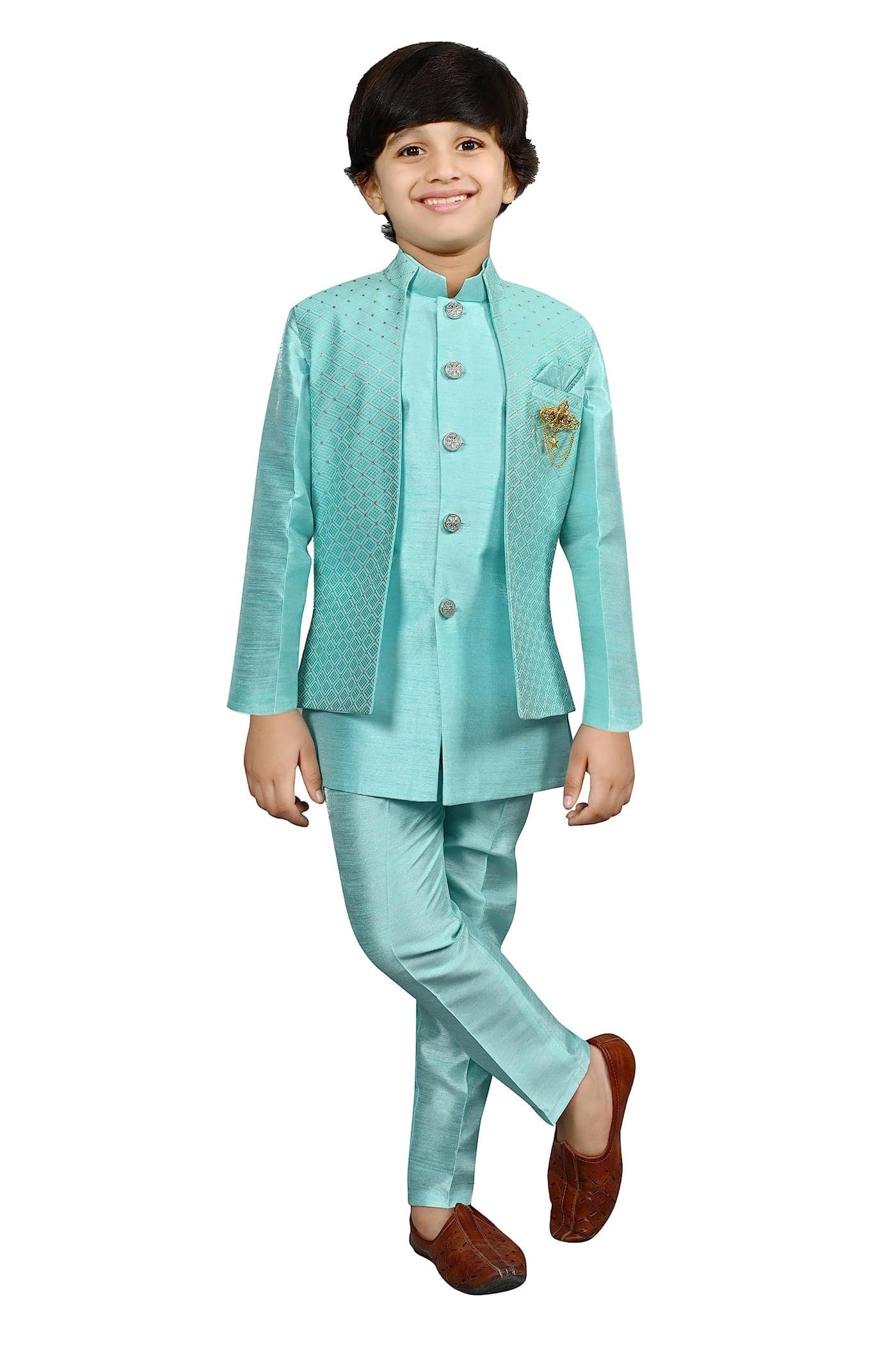 AHHAAAA Kids Ethnic Silk Indian Bollywood Style Jacquard Indo-Western Sherwani Set for Boys 521MF |Turquoise 7-8 Years, 521|