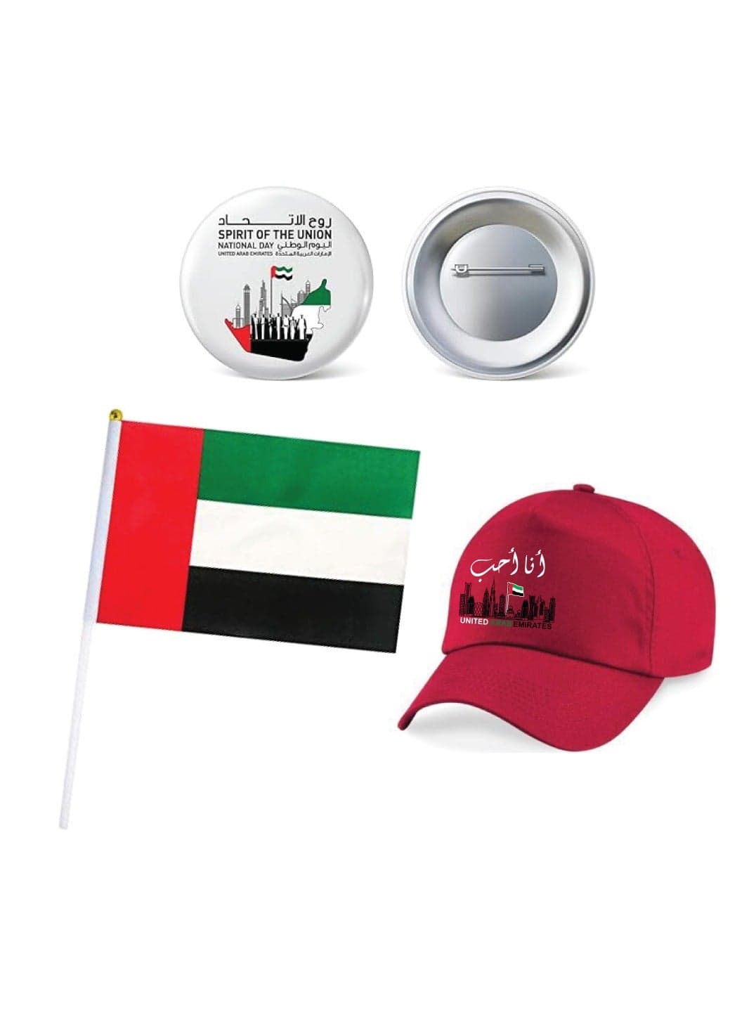 UAE National Day Combo Pack for kids - Baseball Cap - Button Badge - Flag - UAE Flag Day - Celebrate the UAE National Day