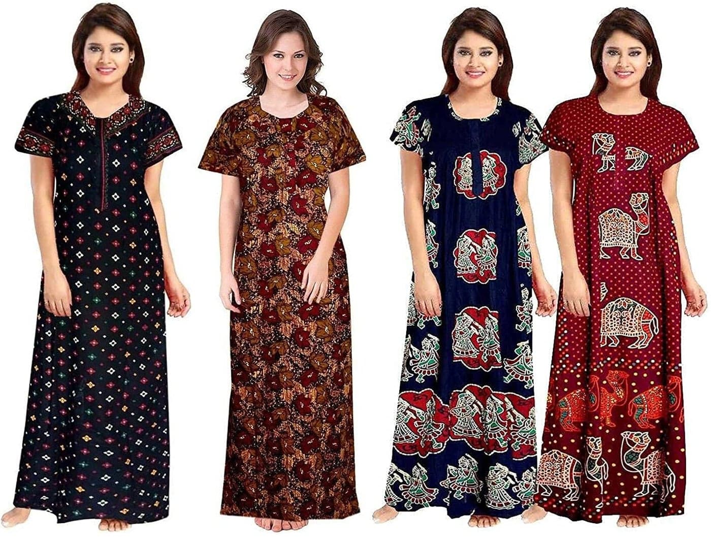 NEGLIGEE Women's Cotton Printed Maxi Nightgown Nighty for Women Ankle Length Night Dress - Pack of 4 (Free Size, Multicolor, Option 04)