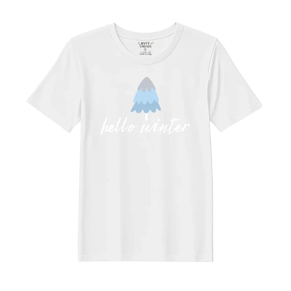 BYFT Threads Medium White Polycotton T-Shirt - Christmas "Hello Winter" Printed Design, Premium Holiday Collection
