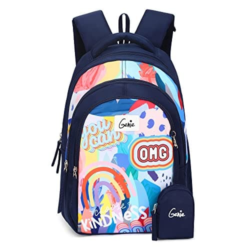 Genie Jane Kids Backpacks, 15 inches, Cute, Colourful bags for girls, Water Resistant and Lightweight. 3 compartment with Happy Pouch