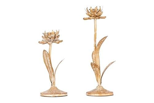 Creative CoOp Cut Metal Flower Shaped Taper Candle Holder in Distressed Gold Finish Set of 2 Sizes