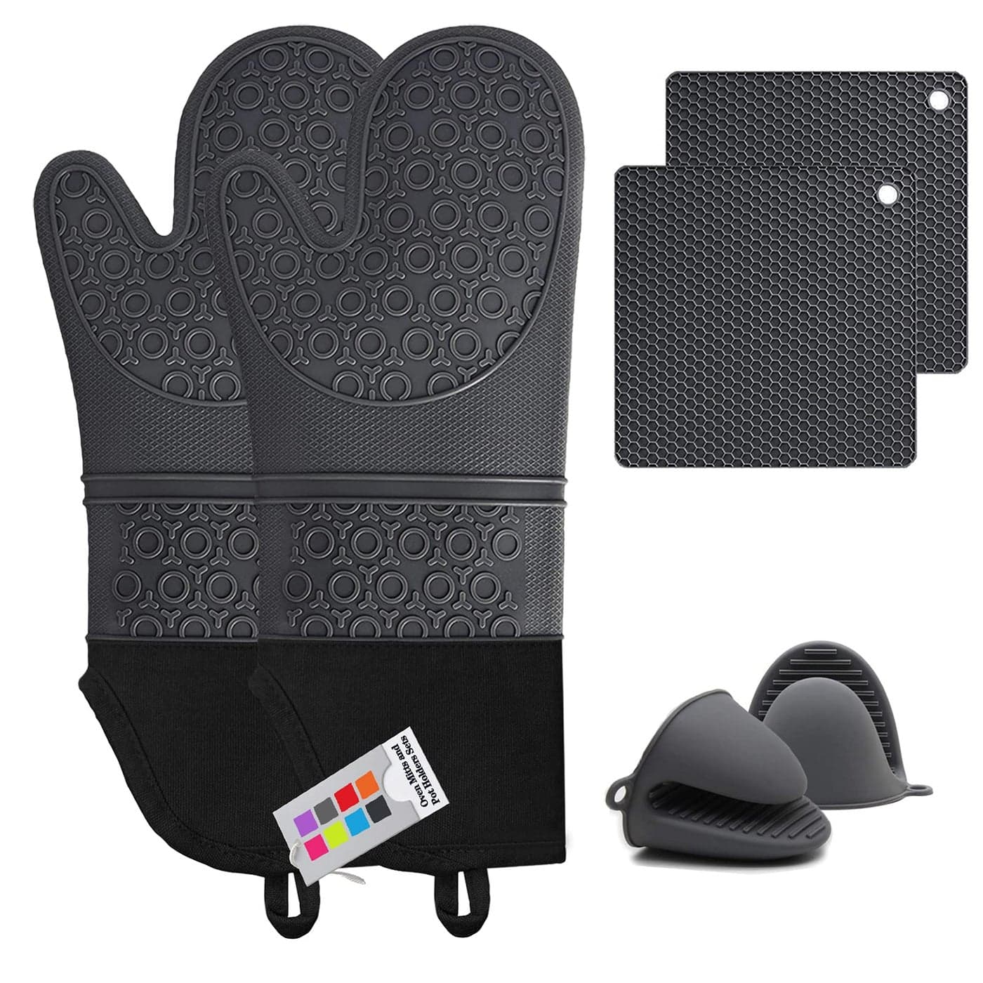 Silicone Oven Mitts and Pot Holders Sets MTZRFLL Extra Long Heat Resistant Oven Gloves with Hot Pads and Mini Oven Mits Set for Kitchen Cooking Baking Soft Quilted Lining Pack of 6 Gray