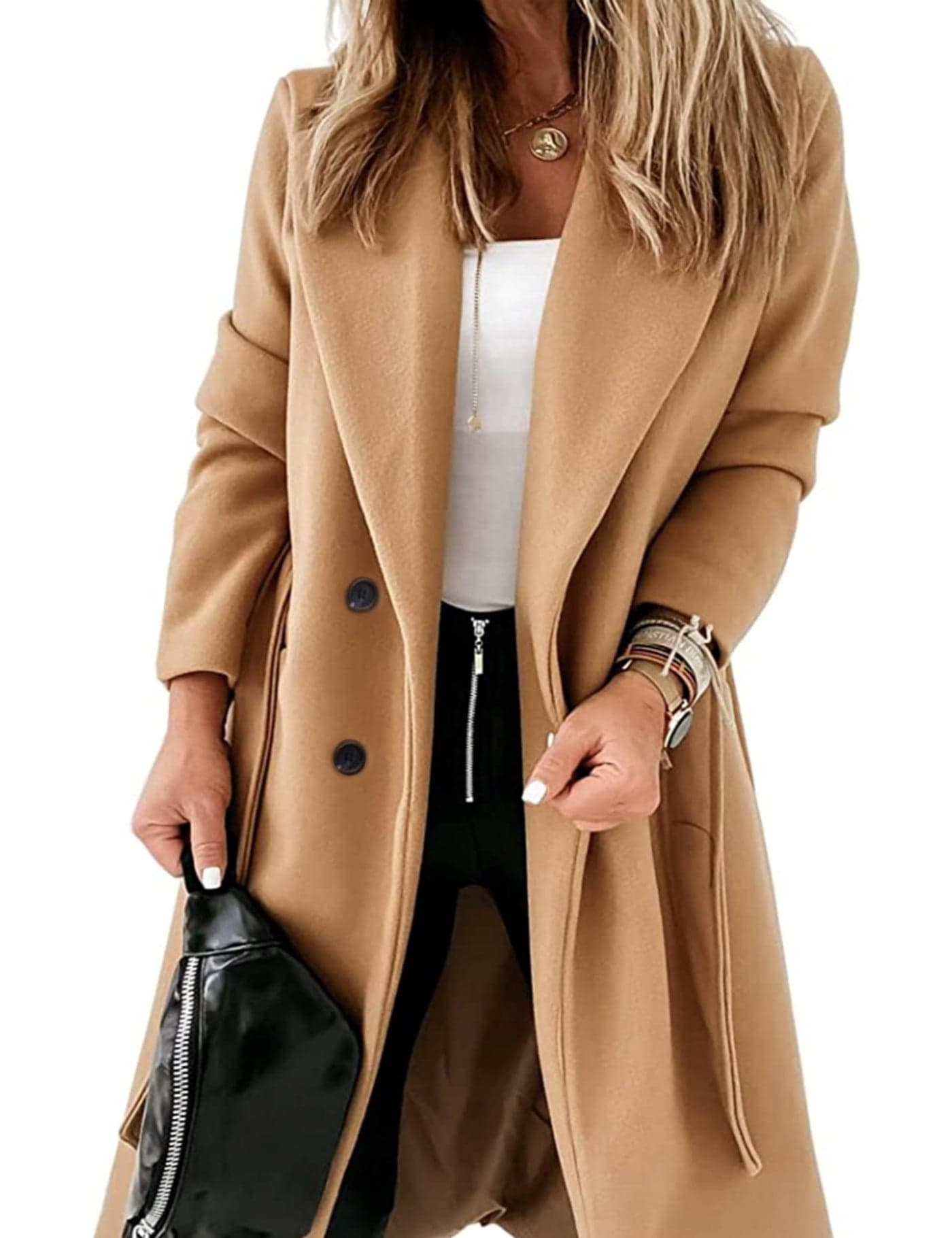 Springrain Womens Winter Wool Pea Coat Warm Notched Collar Double Breasted Belted Coat Long Jacket OuterwearKhakiL