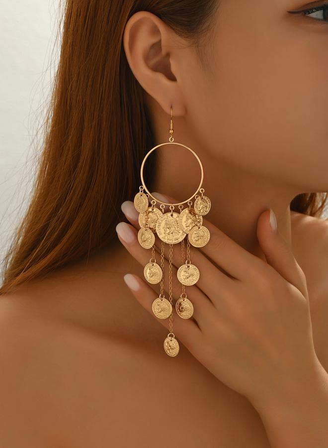 Women Metal Round Tassel Chain Earrings
