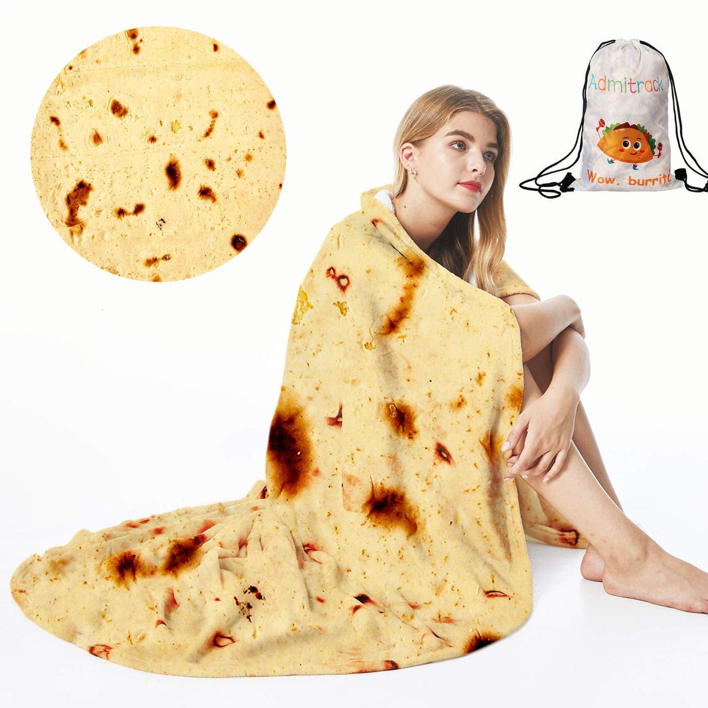 Admitrack Tortilla Blanket Flannel Burritos Envelop Blanket Giant Flour Tortilla Throw Blanket Funny Food Throw Blanket Novelty Burritos Adults Kids Double Sided