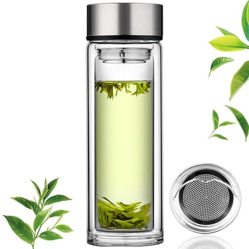 PARACITY Glass Tea Infuser Bottle Tea Flood Cup 12oz/350ml, Double Wall Borosilicate Portable Travel Tumbler Mug Leakproof for Loose Leaf Flower Herbal Tea Bags