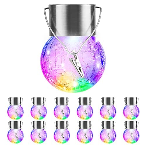 12 Pack Hanging Solar Lights Outdoor Decorative, Waterproof Solar Globe Lantern with Handle and Clip, Solar Powered Cracked Glass Ball Lights for Garden Yard Patio, Fence Tree Umbrella, Holiday Decor