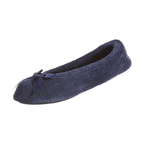 isotoner Women's Terry Ballerina Slipper with Bow for Indoor/Outdoor Comfort, Navy Blue, 8-9