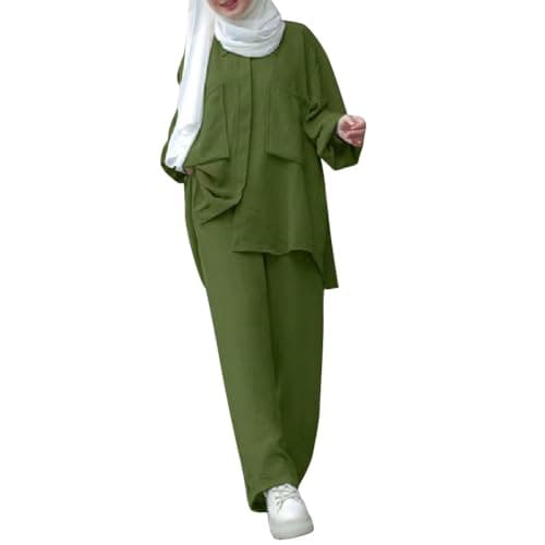 Muslim Dress For Women Abaya Turkey Kaftan Ice Silk 2 Pieces Casual Outfits Long Sleeve Ethnic Shirts Modest Tops For Women Muslim Islamic Pants Loungewear Olive Green-Pockets Button Down Shirt S