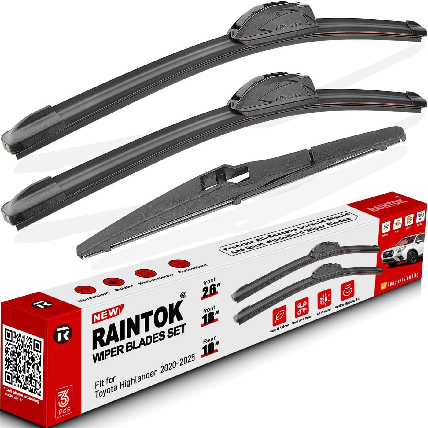 RAINTOK Windshield Wiper Blades Replacement for Toyota Highlander 2020 2021 2022 2023 Original Factory Quality Front Rear Wipers Blade Set for My Car 26 18 10 Pack of 3