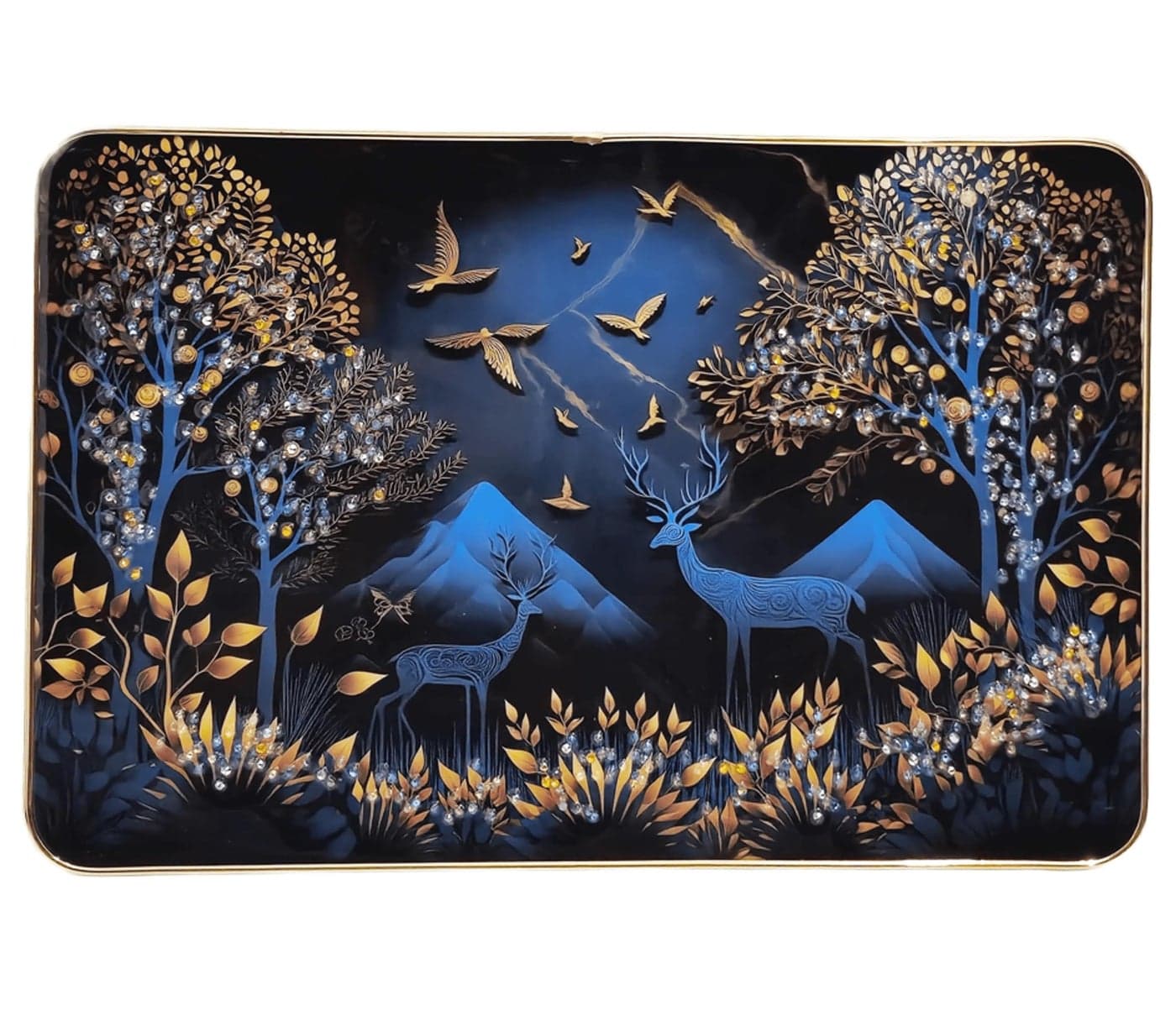 Masstone Raindeer with Birds Decorative Wall Hanging Painting with Crystal Embedded High Gloss Surface Gold Slim Frame Embossed, 45x30 Cm, Home Décor Wall Art For Living Room, Bedroom, Office, Hotel