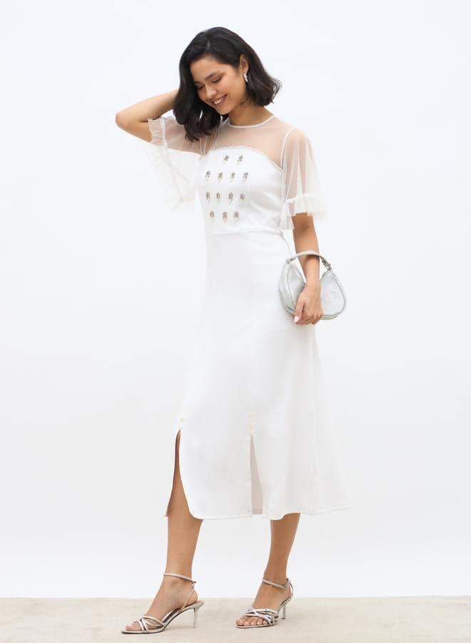 Embellished Mesh Insert A-Line Midi Dress