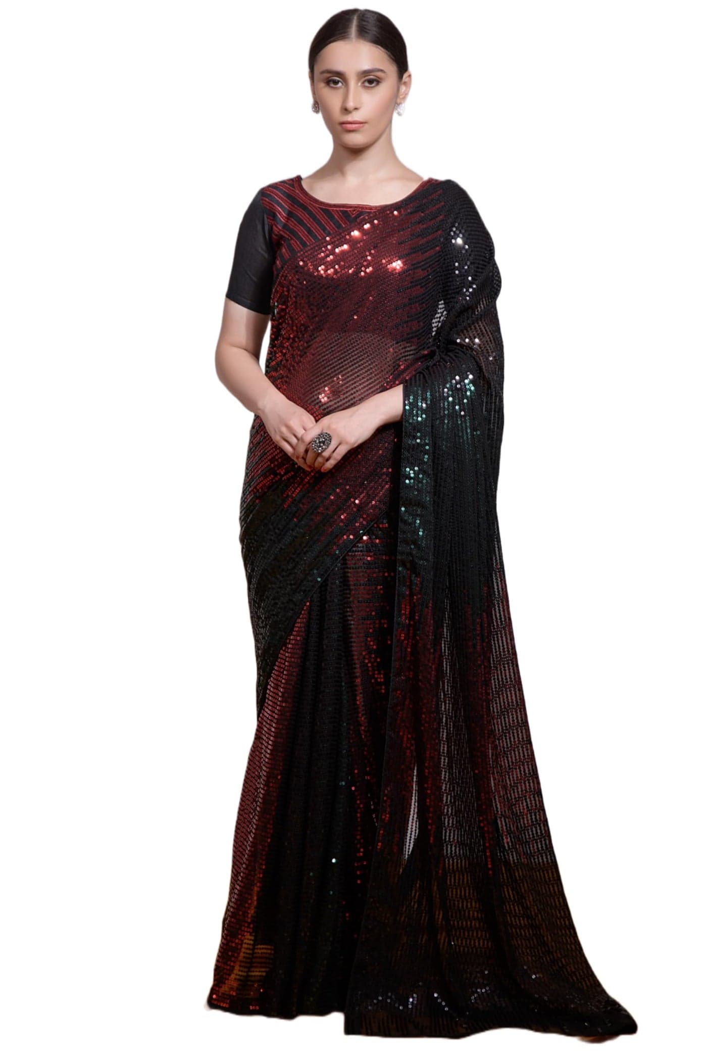Florely Women's Georgette Heavy Sequins Work Heavy Saree with Blouse(Free Size_Red)