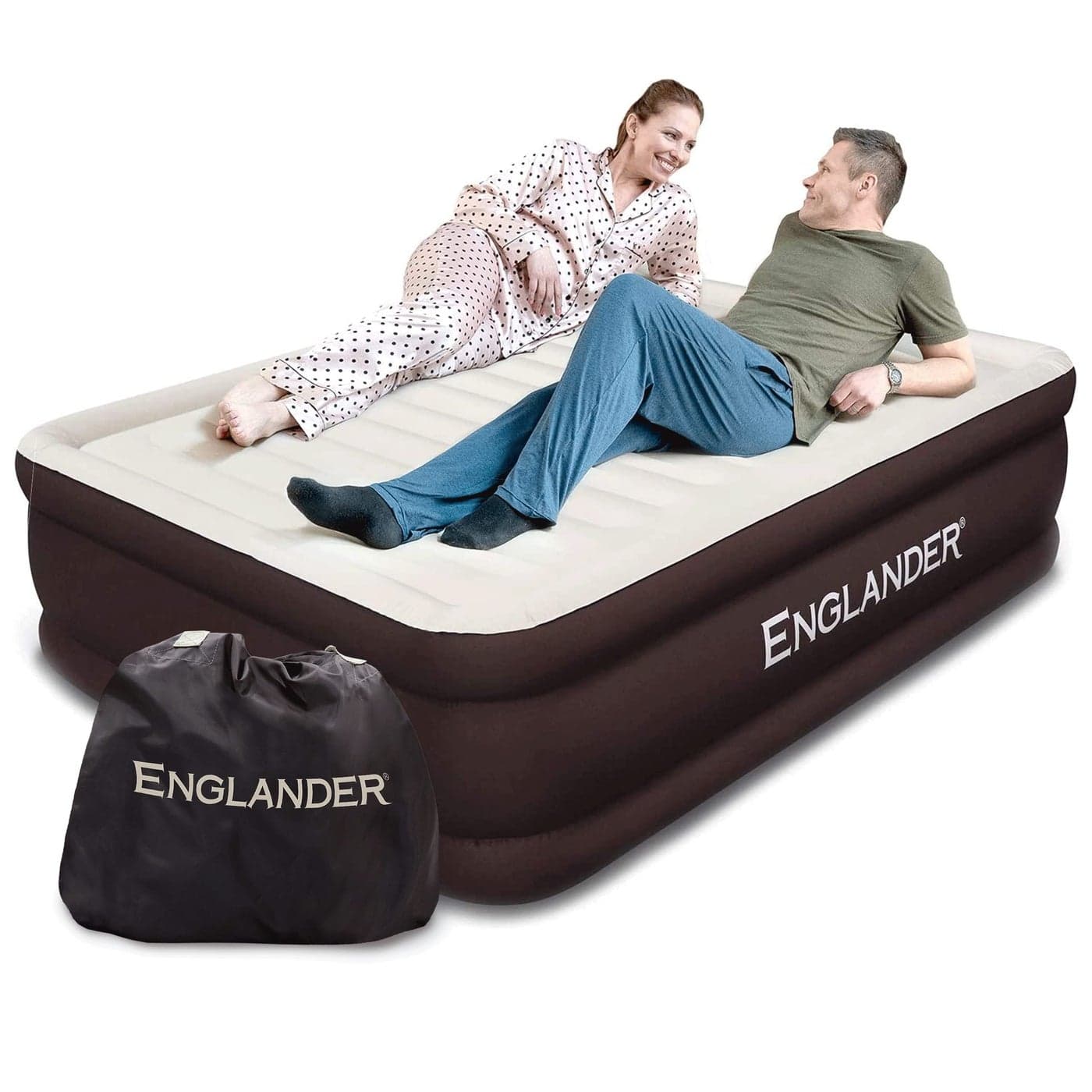 Englander First Ever Microfiber Air Mattress Microfiber Airbed with Built in Pump Queen BrownCream Top