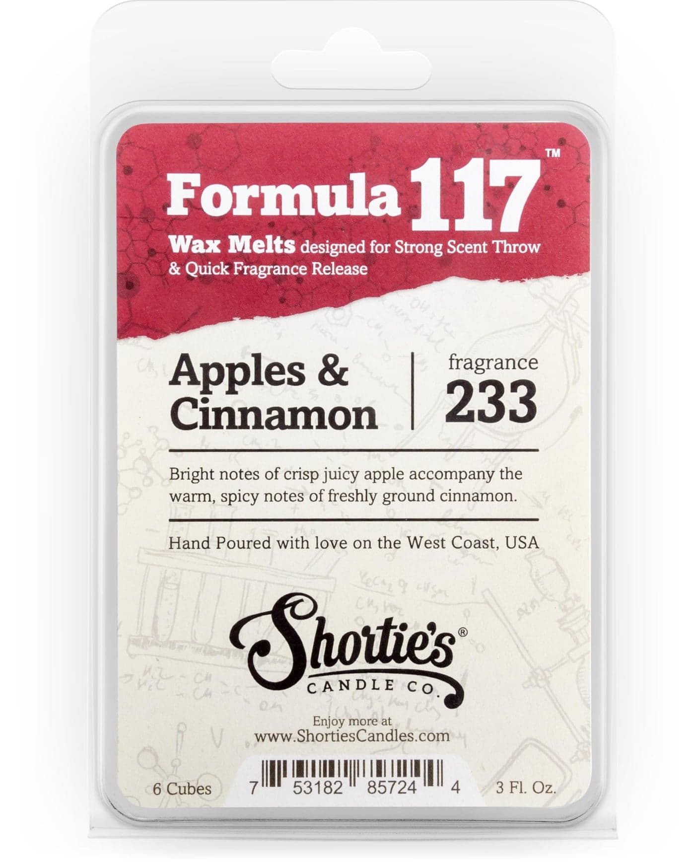 Shorties Candle Company Apples Cinnamon Wax Melts Formula 1171 Highly Scented 3 Oz Bar Made with Natural Oils Bakery Food Air Freshener Cubes Collection