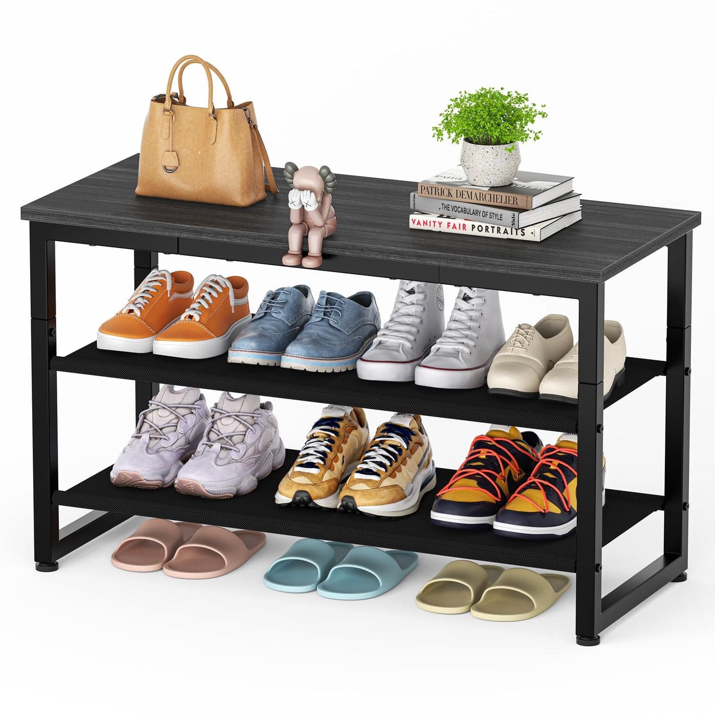 SIMPDIY Shoe Rack 3 Tier Shoe Bench with Wooden Shelf Shoe Storage with Seat for Entryway Living Room Hallway Bedroom Load Capacity 150 kg Black