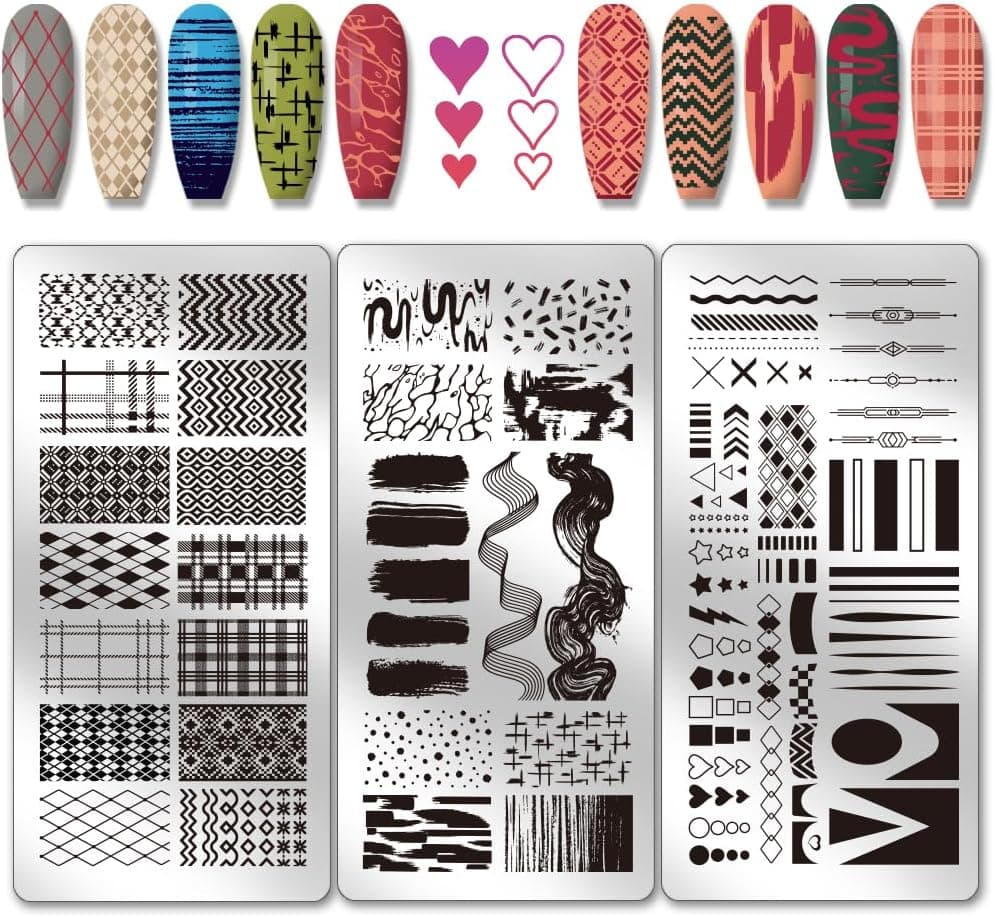 PH PandaHall 3pcs Grids Line Nail Stamping Plates Geometric Texture Nail Art Stencils Graffiti Stripe Manicure Art Templates Minimalist Nails Image Plates for Women Manicures DIY Design Print Supplies