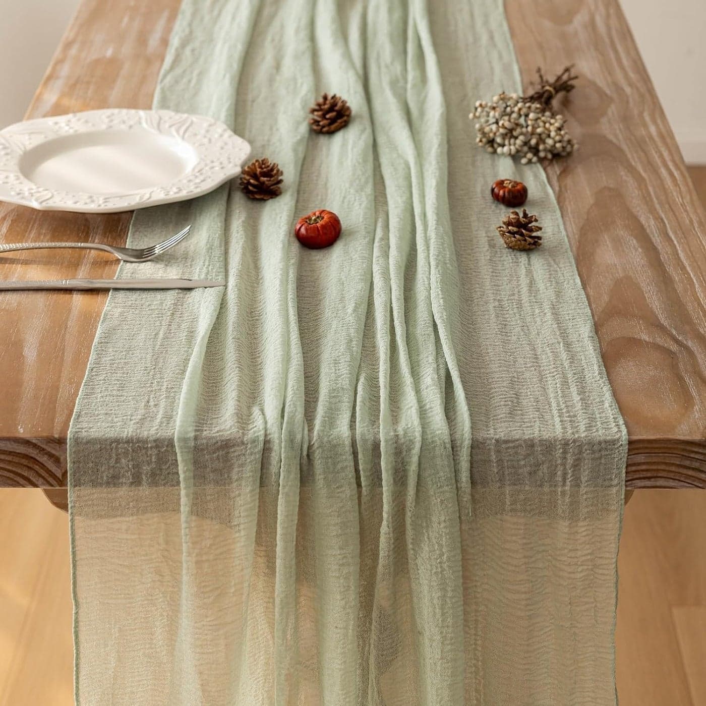 HZYH Cheesecloth Table Runner Gauze Rustic Bohemian Cheesecloth Table Runner for Wedding Baby Shower Decoration Bridal Shower Transparent Centerpiece Home Decor Sage Green 90x300 cm