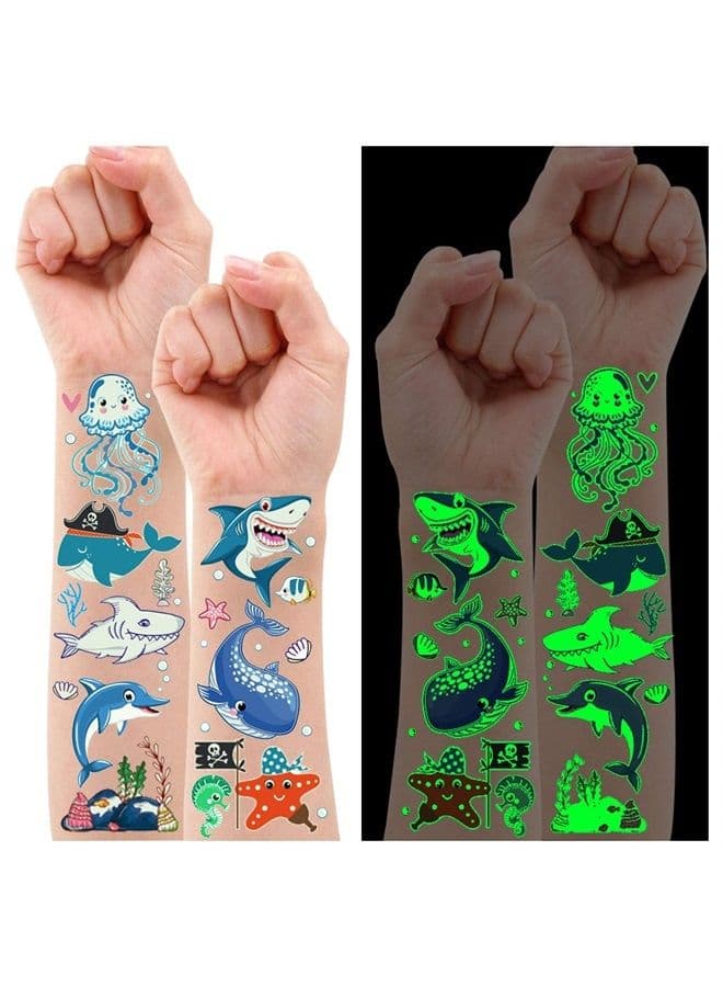 Partywind 130 Styles Luminous Shark Temporary Tattoos for Kids, Glow Shark Birthday Decorations Party Favors Supplies for Boys and Girls, Ocean Under Sea Fake Tattoo Stickers Gifts (10 Sheets)