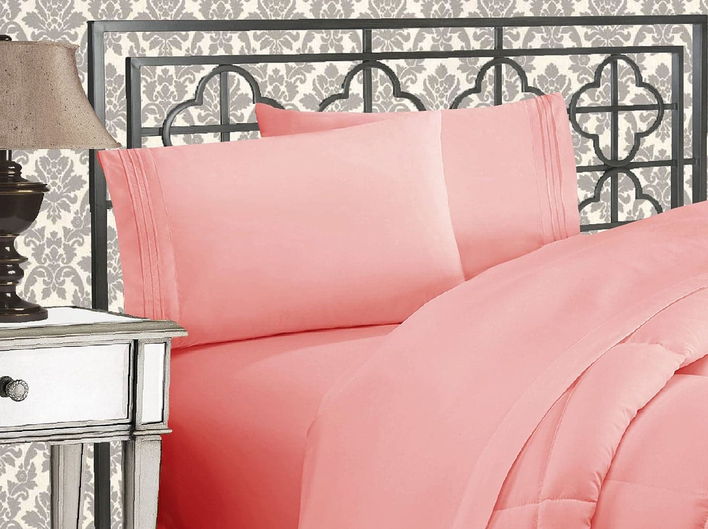 Elegant Comfort Luxurious 1500 Premium Hotel Quality Microfiber Three Line Embroidered Softest 4Piece Bed Sheet Set Wrinkle and Fade Resistant California King Dusty Rose