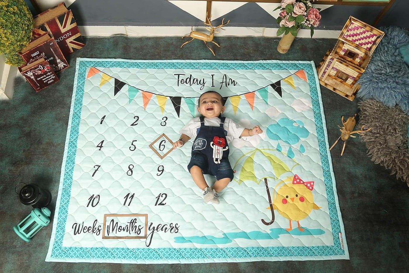 NEW COMERS Milestone Baby Blanket for All Season Multiuse Cotton Blanket with Props Wooden Rings for WinterAc RoomSummer Blankets for KidsNew Born Monthly Photoshoot135x115x2cm_506