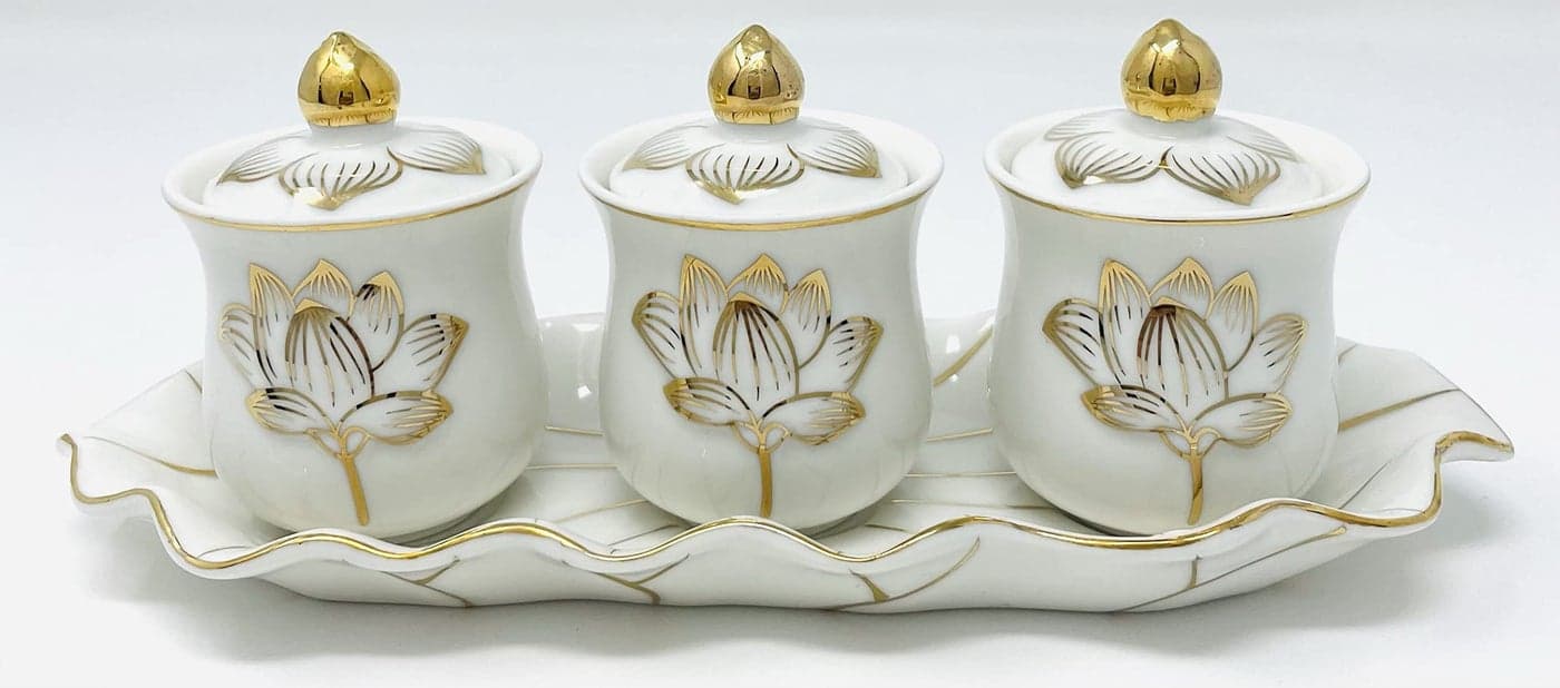 Houlu 3 Altar Cups Set Ceramic Holy Water Offering Cup Tibetan Buddhist Worship Cup White