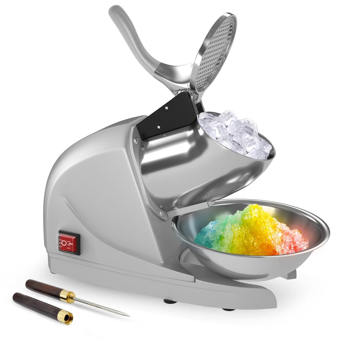 Shaved Ice Machine 380w Snow Cone Machine 3 Stainless Steel Blades Ice Shaver Machine Electric Ice Crusher 280lbshr Snow Cone Maker for Home and Commercial with Ice PickSilver