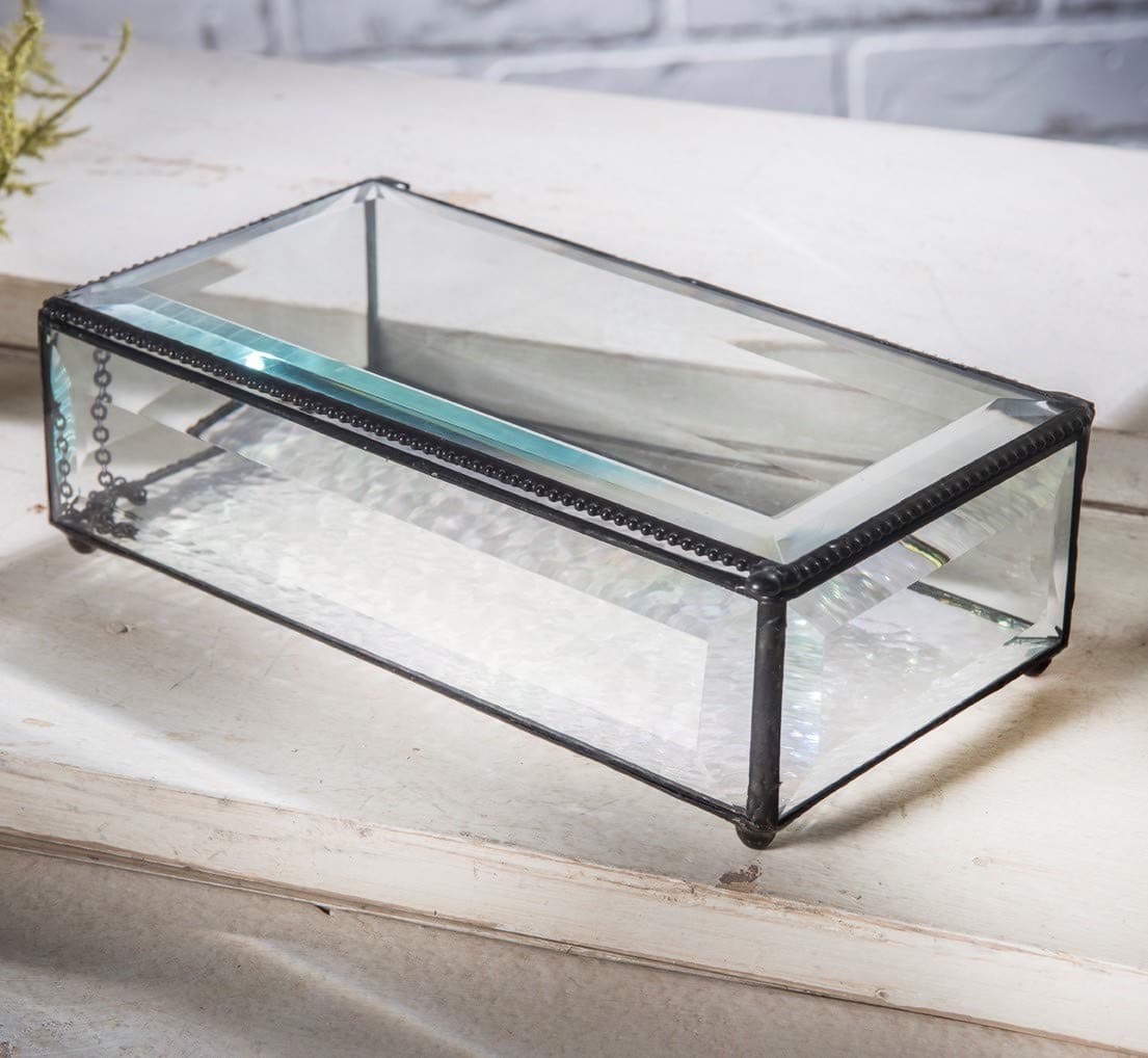 J Devlin Large Clear Beveled Glass Box Jewelry Decorative Keepsake Vanity Display 8 12 x 4 12 x 2 12
